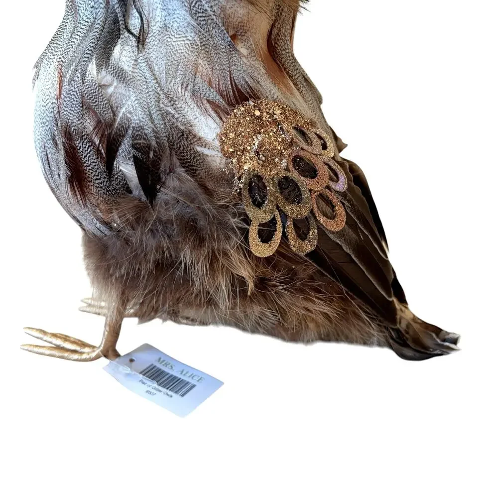 Set of 2 Feathered Owl Figurines 9.5in Chic Fall Decor by Mrs. Alice NEW